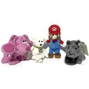 Lot of 4 Small Toy Plushes Super Mario Blues Clues TY Beanie Bear and Gund Rhino